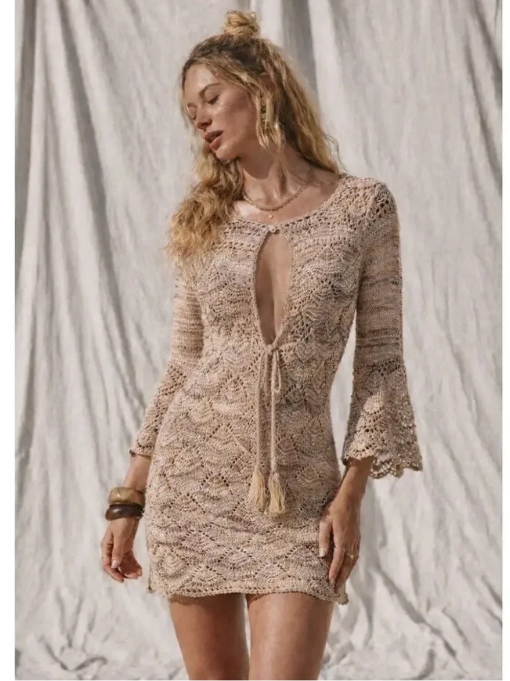 Jen’s Pirate Booty Pointelle Knit 3/4 Bell Sleeve Lace Up Mini Dress M/L Boho